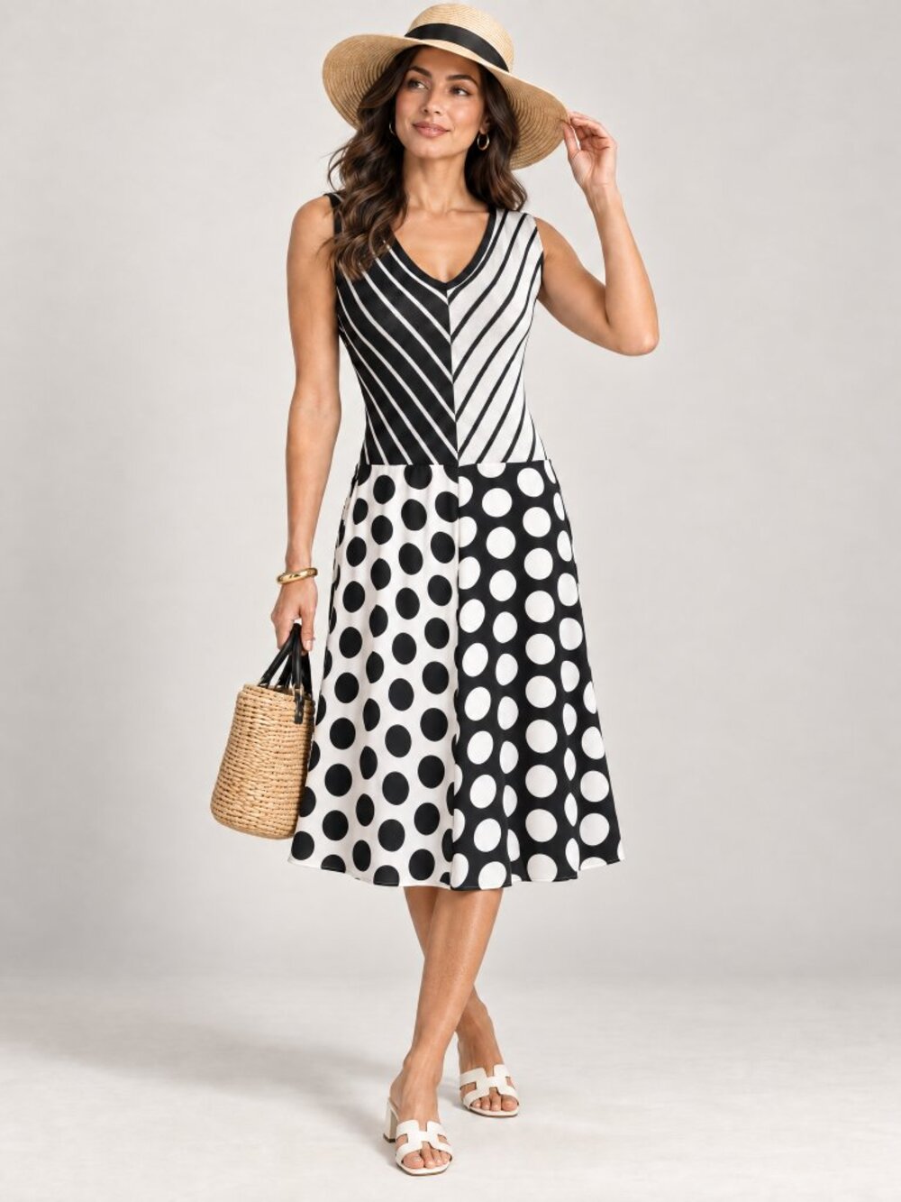 New York & Company Black White Polka Dot Striped Midi Dress S | NWT Retro Midi